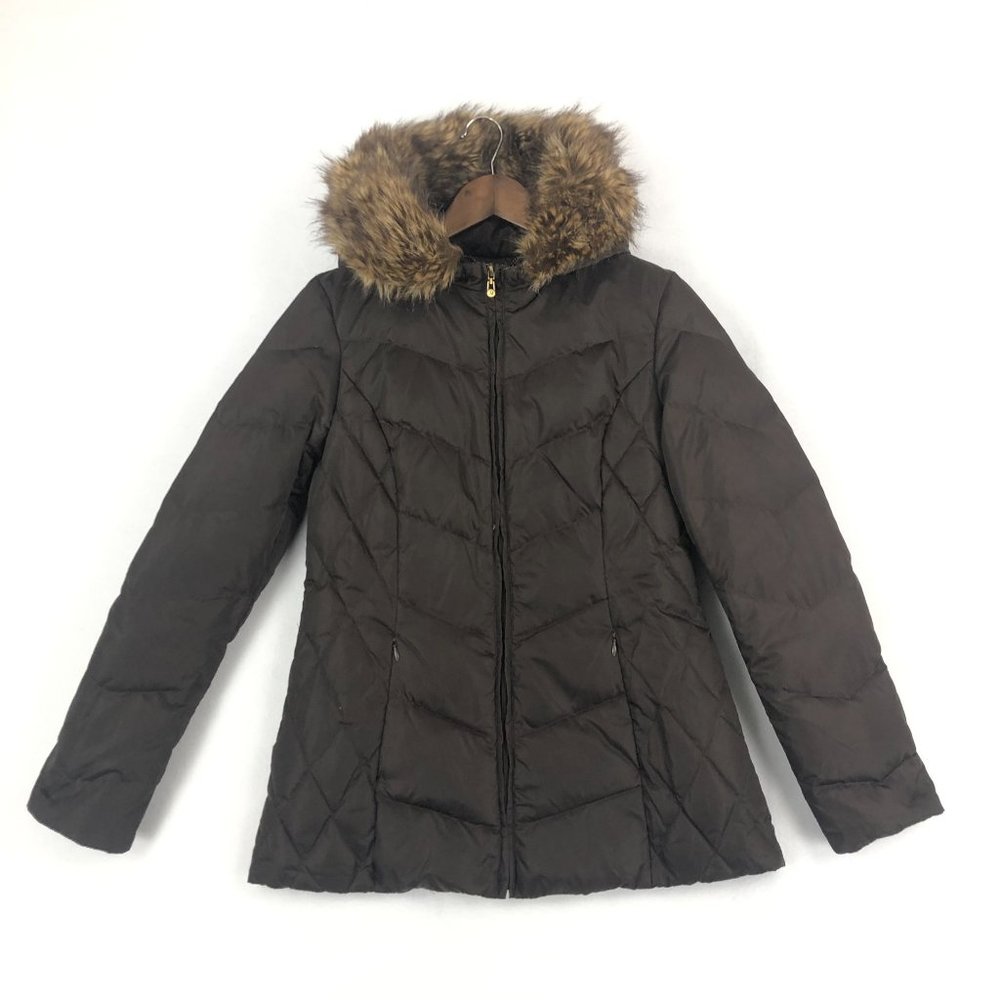 1 Madison Women's Size Small Brown Full Zip Down Puffer Jacket Faux Fur Hood